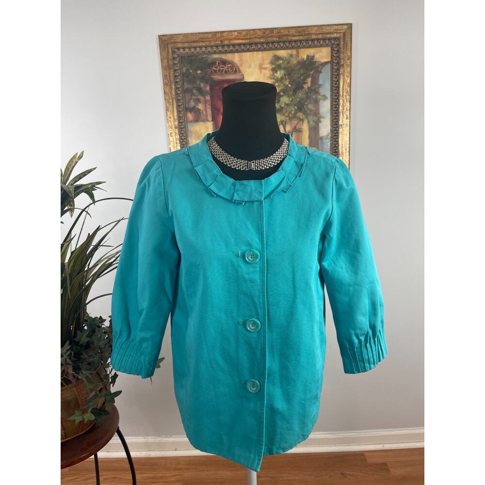 Du Jour Jacket Women's XS 100% Cotto Teal Pleated 3/4 Sleeve Mid-Century Modern